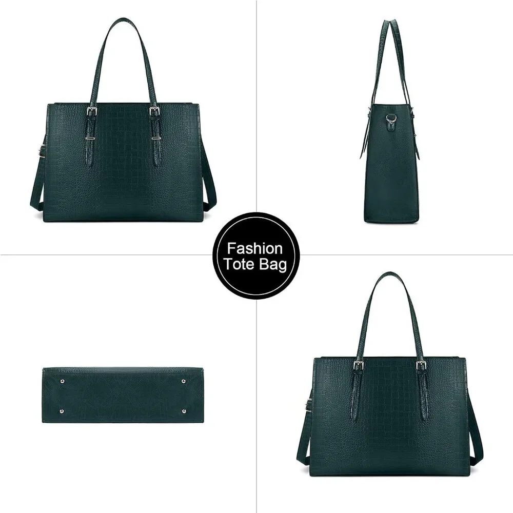 〽️Women Dark Green Leather Waterproof Professional Shoulder Bag 15.6 Inch